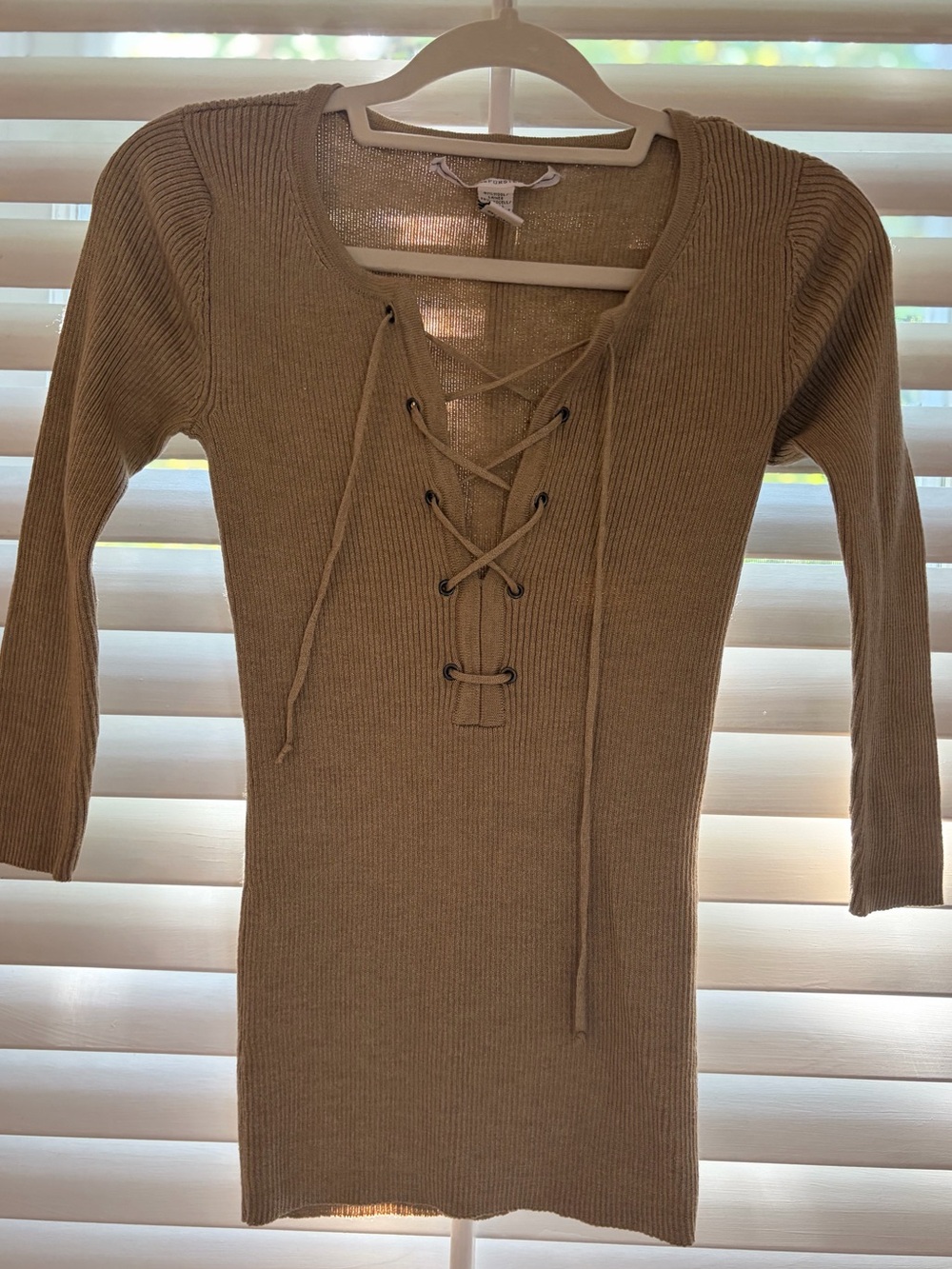Diane Von Furstenberg Lace-Up Ribbed Long Sleeve Top in Tan